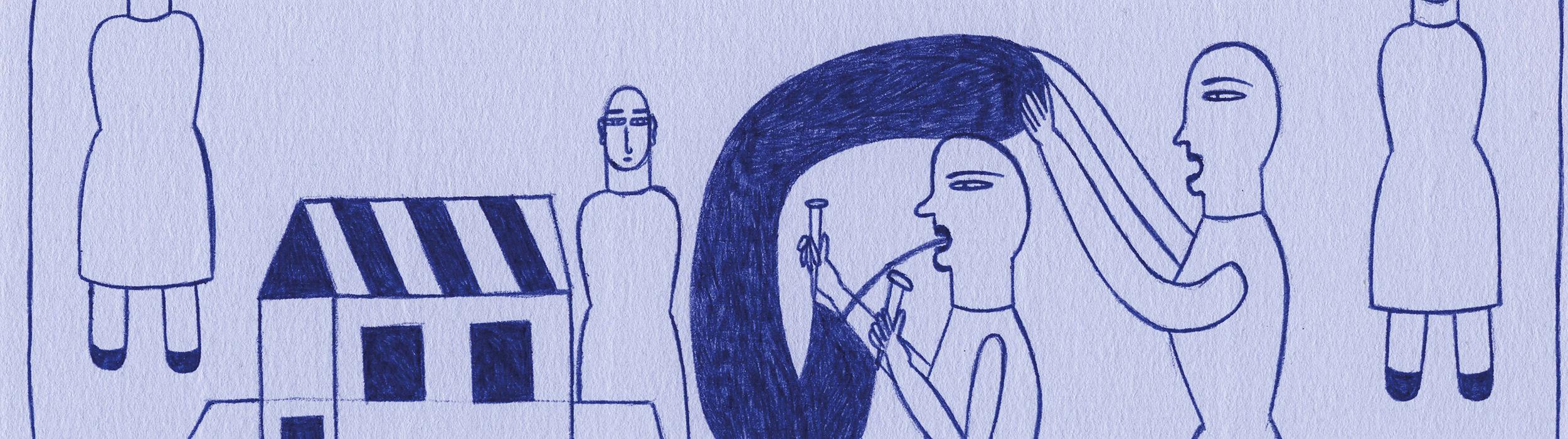 Mariléna Pelosi (Sans titre), août 2019. Stylo à bille bleu sur papier, 14,8 x 21 cm. Inv. : 1805 © CEE-MAHHSA