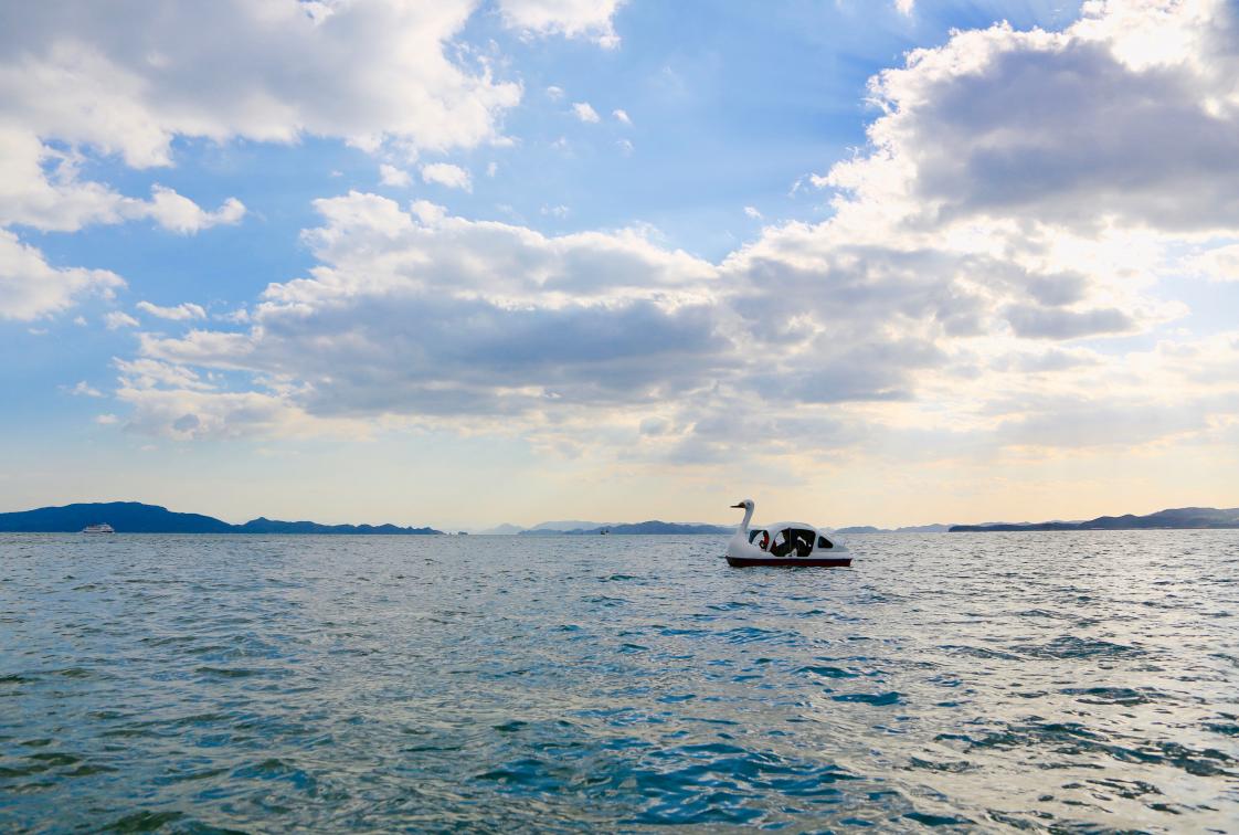 Shimabuku, Swan goes to the Sea, 2014, Video, couleurs, son 7 min 44 s, Performance view: “Imagineering” Okayama Art Project, Collection Fondation Ishikawa, Okoyama, Japon, ©Shimabuku, Courtesy of the artist DIstance intime. Chefs-d'oeuvre de la collection Ishikawa